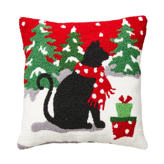 Glitzhome&#xAE; Hooked Christmas Cat Throw Pillow